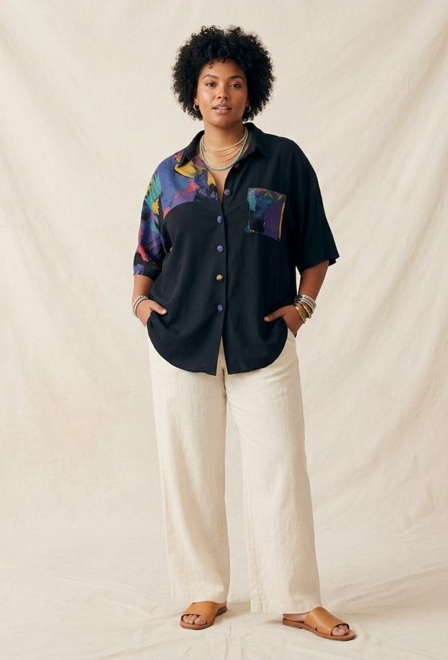 VTG 90s CM Shapes Abstract Colorblock Button Down Shirt 2XL Retro Art Teacher